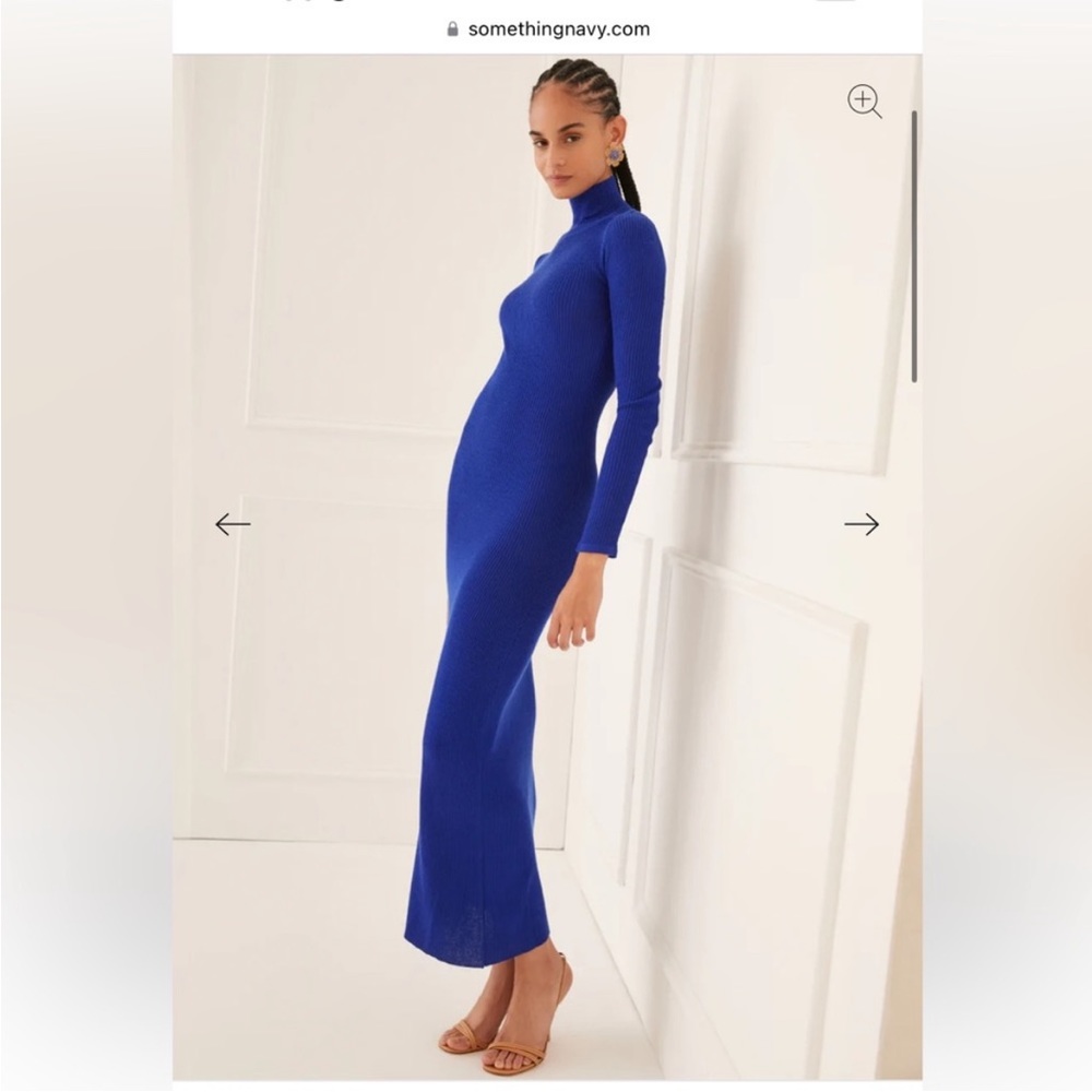 Something navy turtleneck open back sweater dress